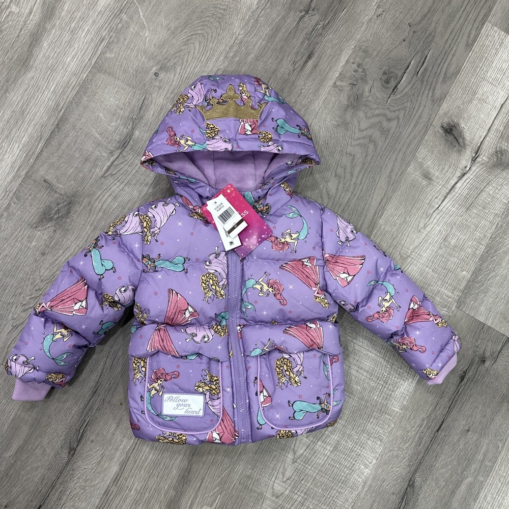 NWT Disney Princess Puffer Jacket Winter Coat Hood Purple  Size Toddler Girl 3T